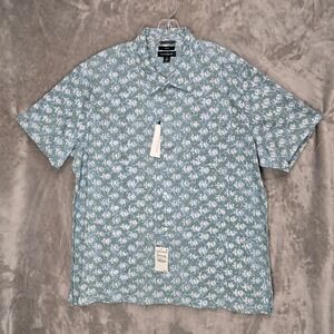 Treasure & Bond Mens 2XL Linen Blend Short Sleeve Button Up Shirt Green Batik